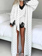 Polka Dot Lace Trim white and black three-piece cami, cardigan, and shorts set with lace trim and black polka dots