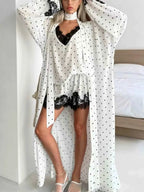 Polka Dot Lace Trim three-piece loungewear set with white fabric, black polka dots, black lace trim, and tied details