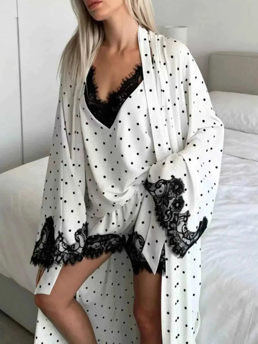 Polka Dot Lace Trim three-piece cami, cardigan, and shorts set in white with black polka dots and lace trim