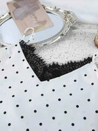 Polka Dot Lace Trim white cami top with black polka dots and delicate black lace edging, polyester fabric