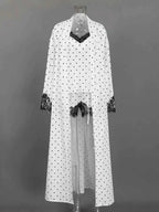 Polka Dot Lace Trim white cami, cardigan, and shorts set with black polka dots and black lace trim on sleeves and shorts