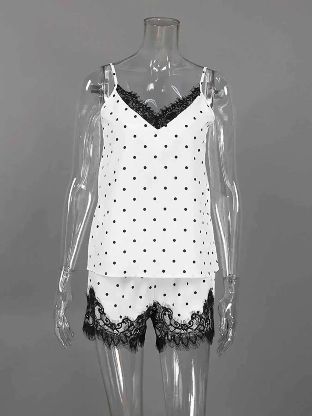Polka Dot Lace Trim white cami and shorts set with black polka dots and delicate black lace trim on neckline and hem