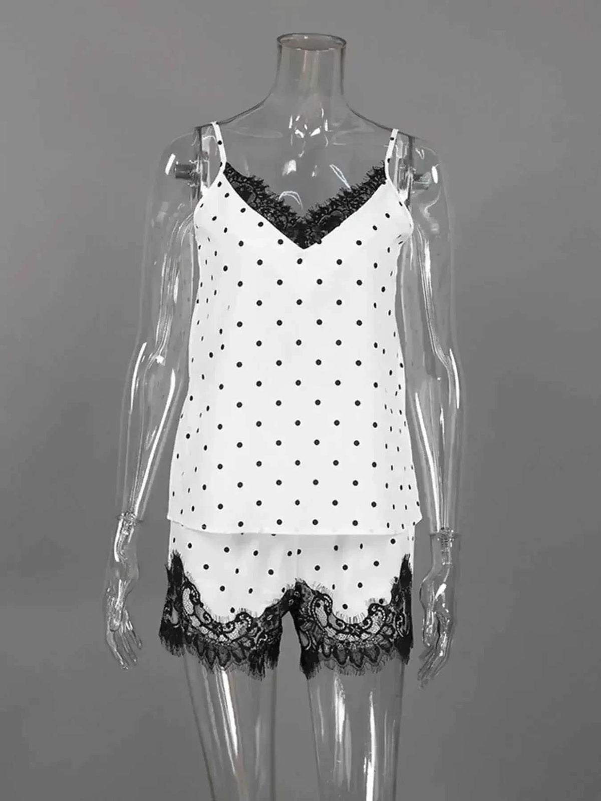 Polka Dot Lace Trim white cami and shorts set with black polka dots and delicate black lace trim on neckline and hem