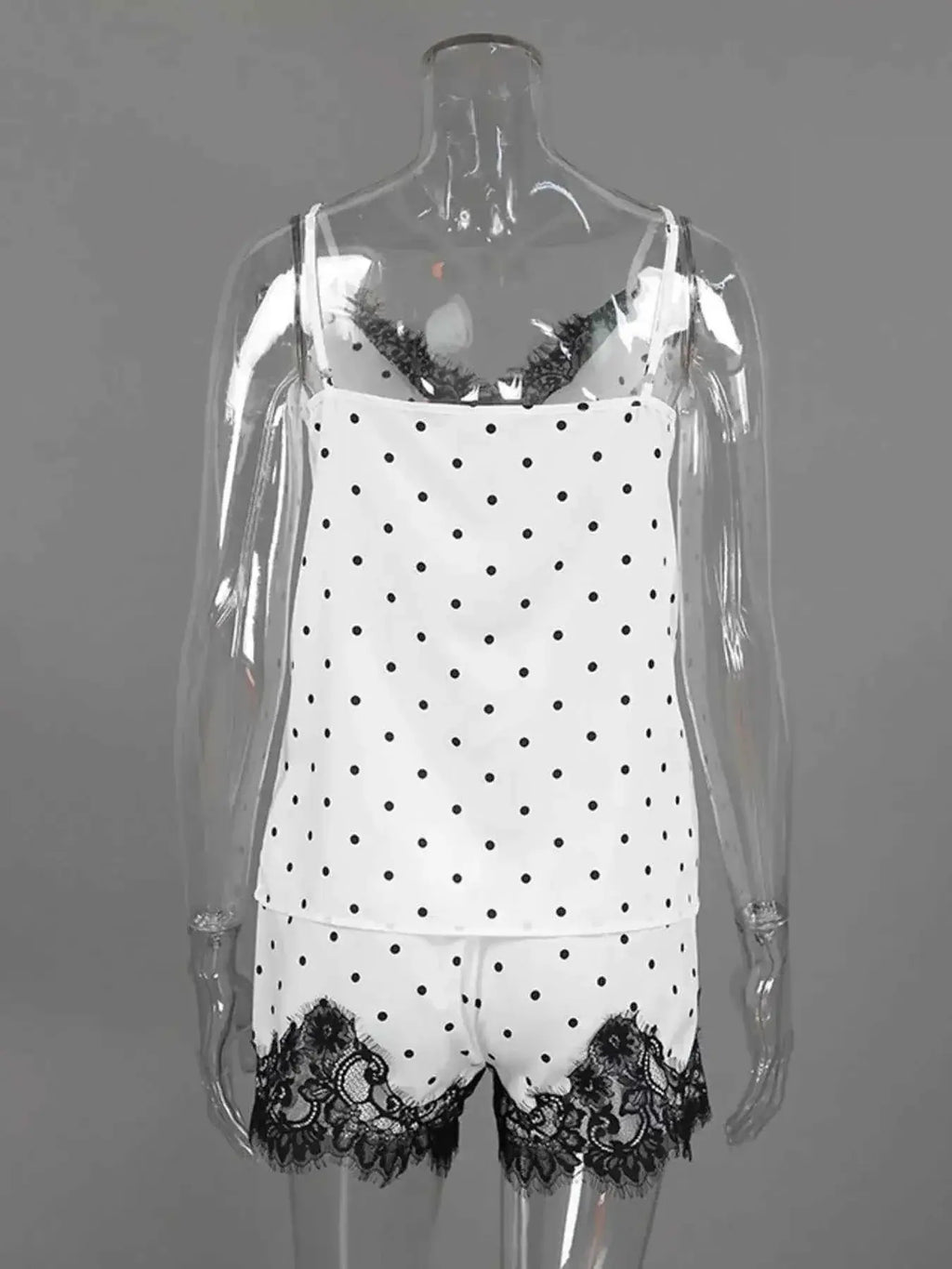 Polka Dot Lace Trim white cami and shorts set with black polka dots and black lace trim detailing on the shorts and neckline