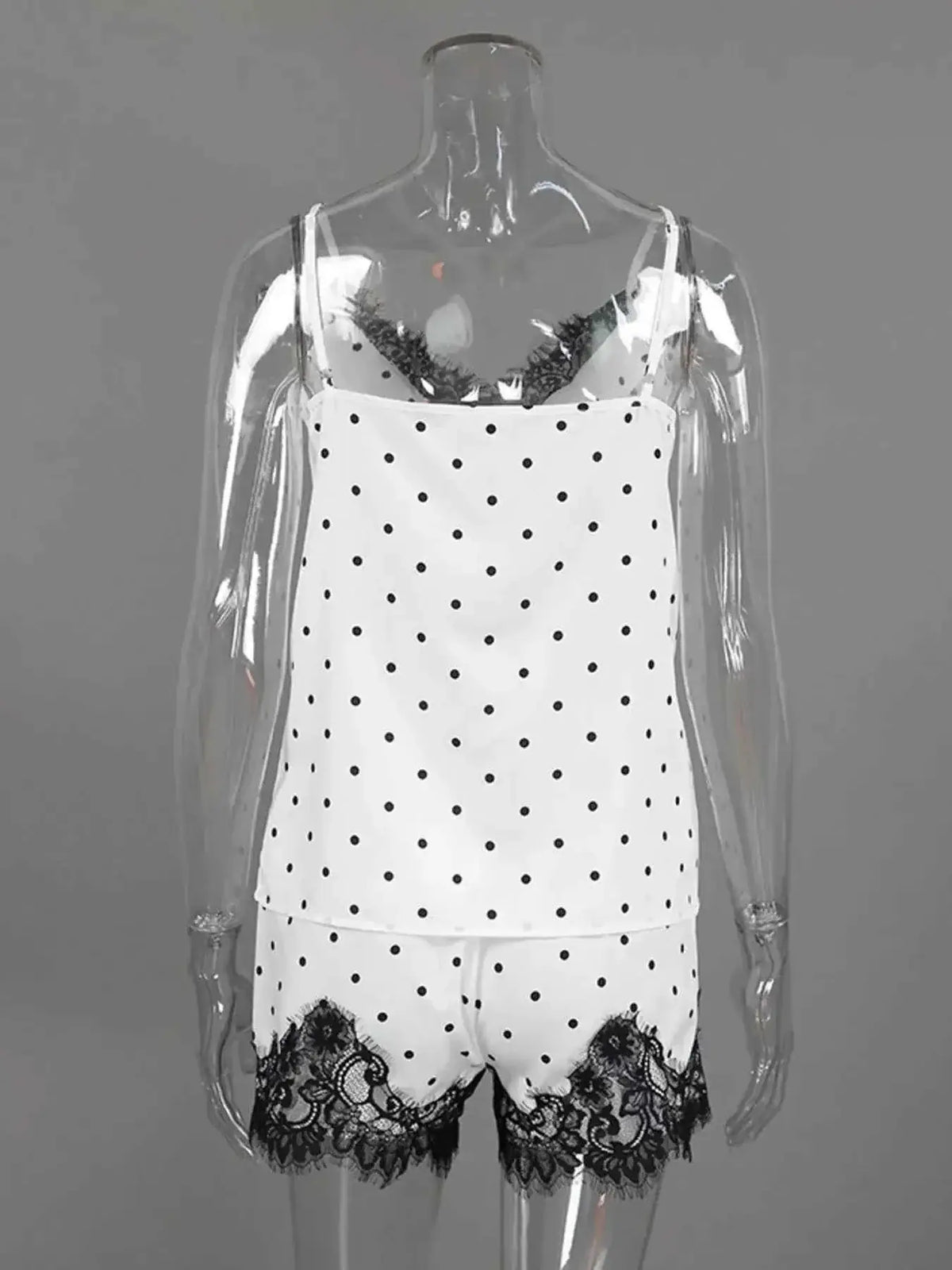 Polka Dot Lace Trim white cami and shorts set with black polka dots and black lace trim detailing on the shorts and neckline