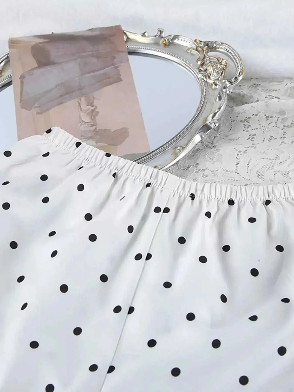 Polka Dot Lace Trim white cami and shorts set with black polka dots and lace-trimmed cardigan featuring delicate tie detailing