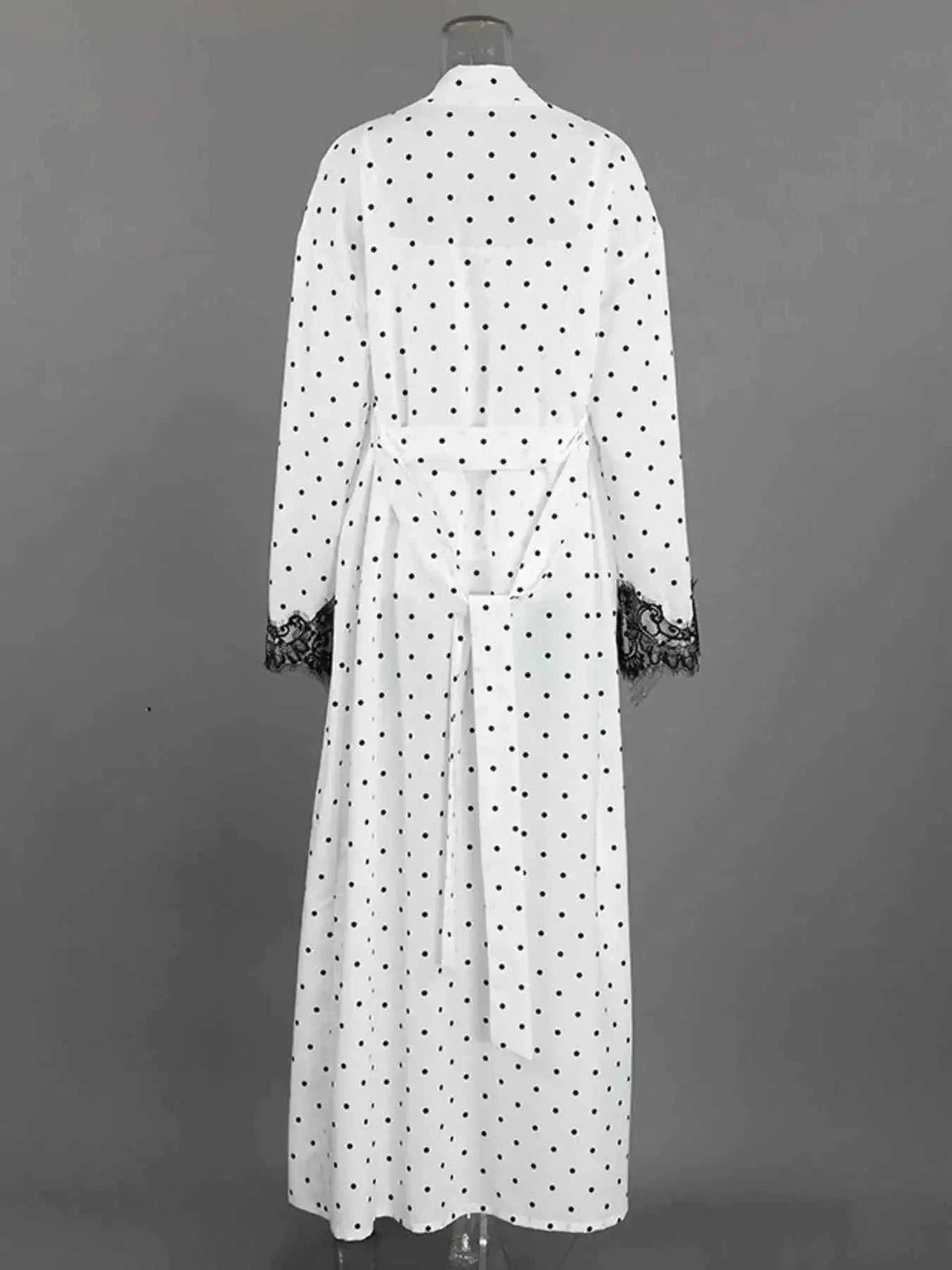 Polka Dot Lace Trim white long robe with black dots and black lace trim on sleeves, tied waist sash