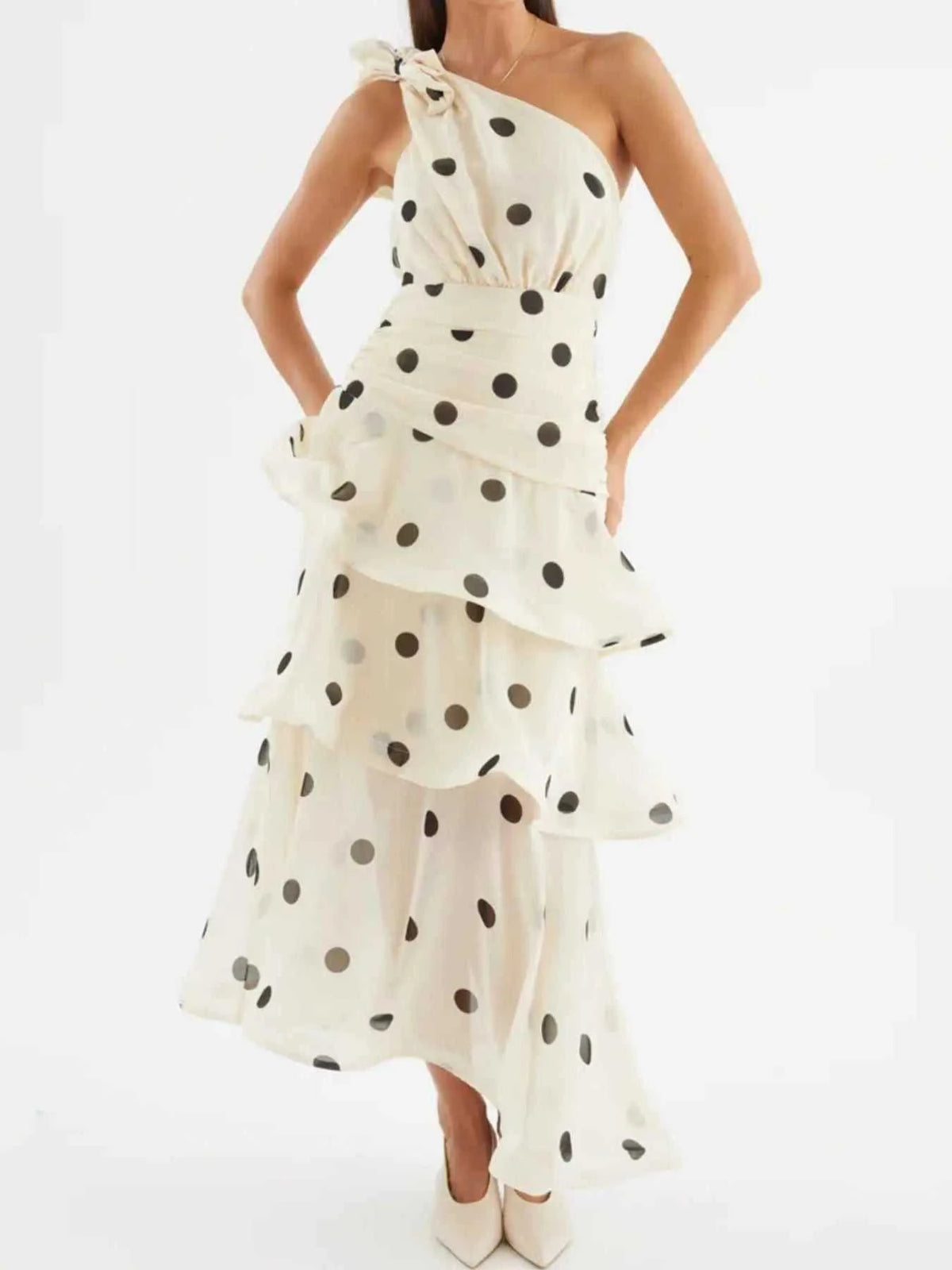 Polka Dot One-Shoulder Ruffle Dress