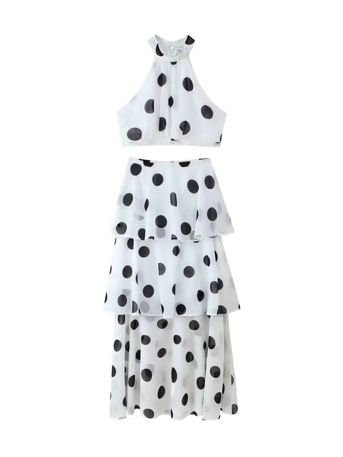 Polka Dot Sleeveless Top and layered skirt set in white polyester with large black polka dots and tiered skirt