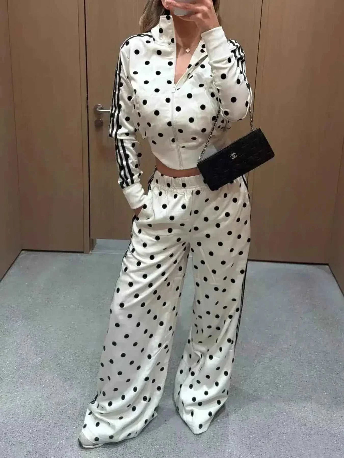 Polka Dot Zip Up Outerwear and Pants Set