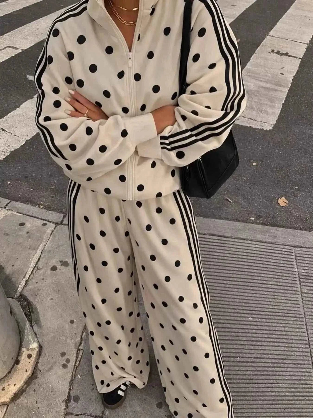Polka Dot Zip Up Outerwear and Pants Set