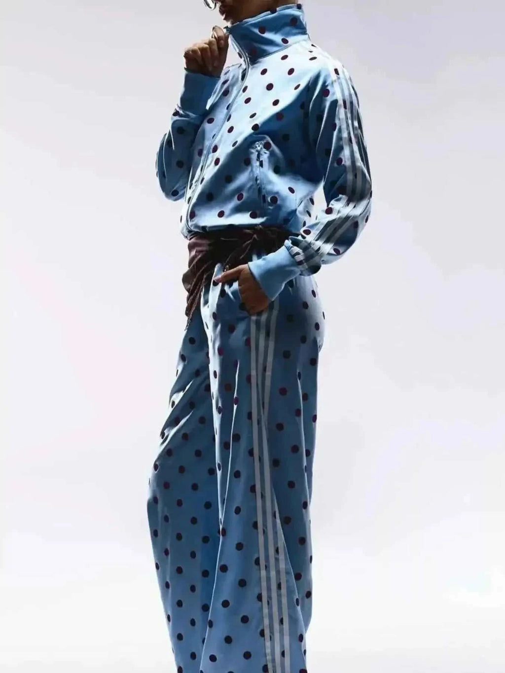 Polka Dot Zip Up Outerwear and Pants Set