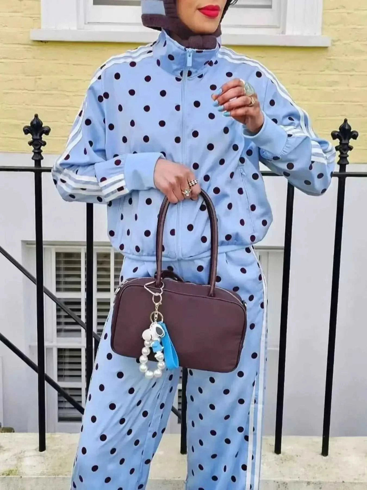 Polka Dot Zip Up Outerwear and Pants Set