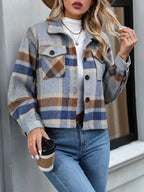 Polka Noir plaid button-up jacket in cozy wool blend with blue, brown, and beige check pattern and flap pockets