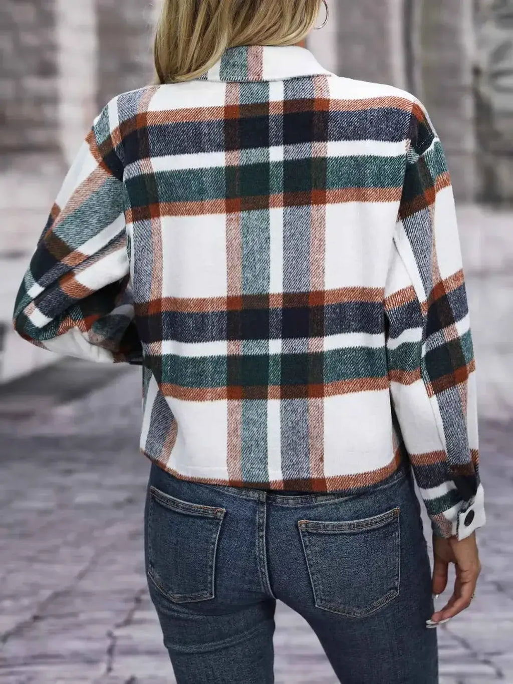 Polka Noir plaid button-up jacket in white, green, orange, and black with a classic check pattern and long sleeves