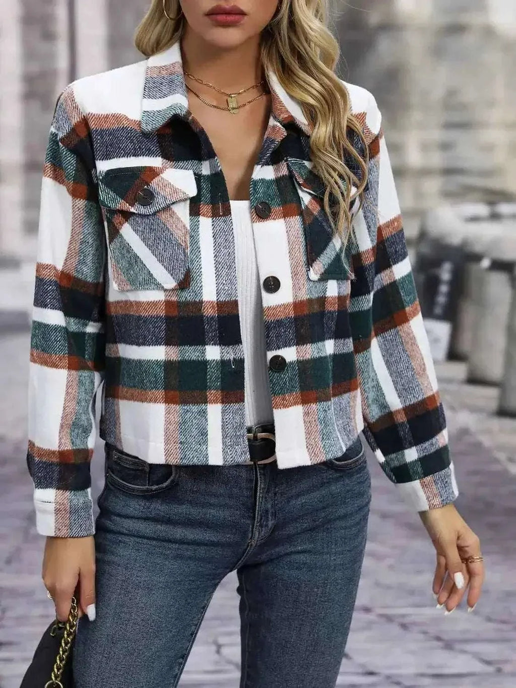 Polka Noir plaid button-up jacket in white, green, and brown with chest pockets and normal thickness fabric