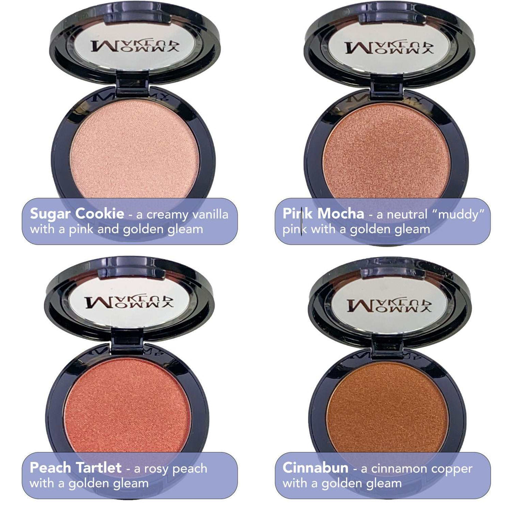 Powder Perfect Color pressed powder eyeshadow and blush in four shades: creamy vanilla, neutral pink mocha, rosy peach, and cinnamon copper with golden gleam