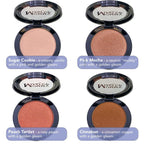 Powder Perfect Color pressed powder eyeshadow and blush in four shades: creamy vanilla, neutral pink mocha, rosy peach, and cinnamon copper with golden gleam