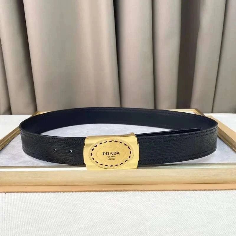 Prada Leather Belt Brushed Golden Buckle 'Black' - Maven Couture Inc