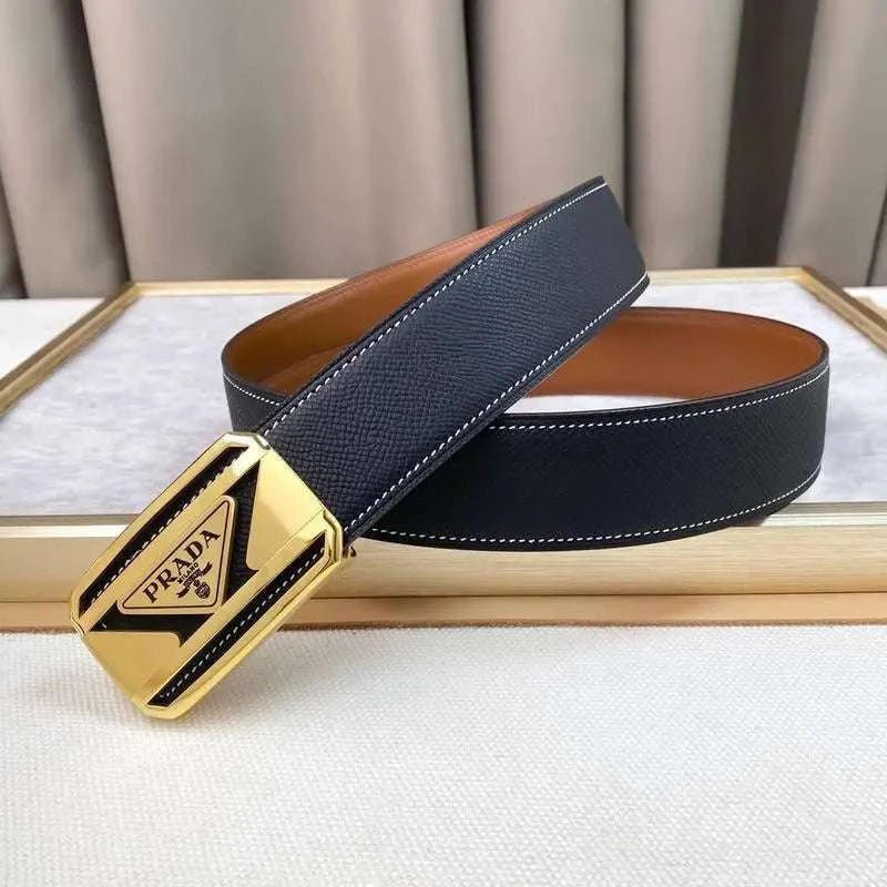 Prada Leather Belt Brushed Golden Buckle 'Black' - Maven Couture Inc