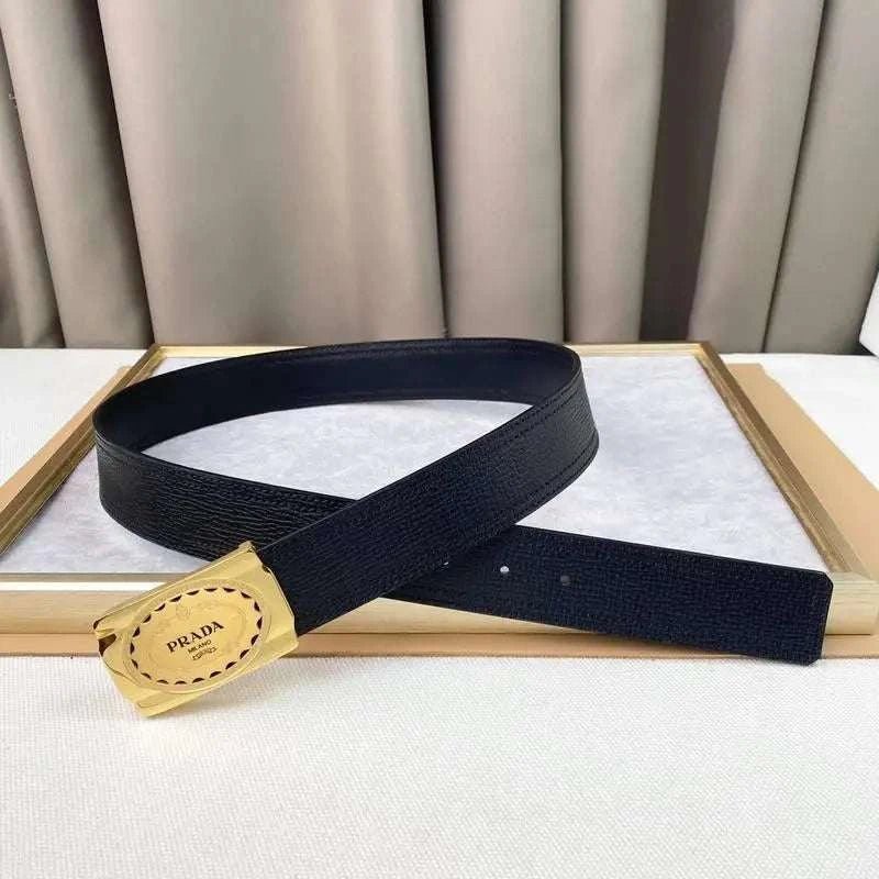 Prada Leather Belt Brushed Golden Buckle 'Black' - Maven Couture Inc