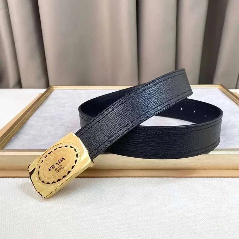 Prada Leather Belt Brushed Golden Buckle 'Black' - Maven Couture Inc