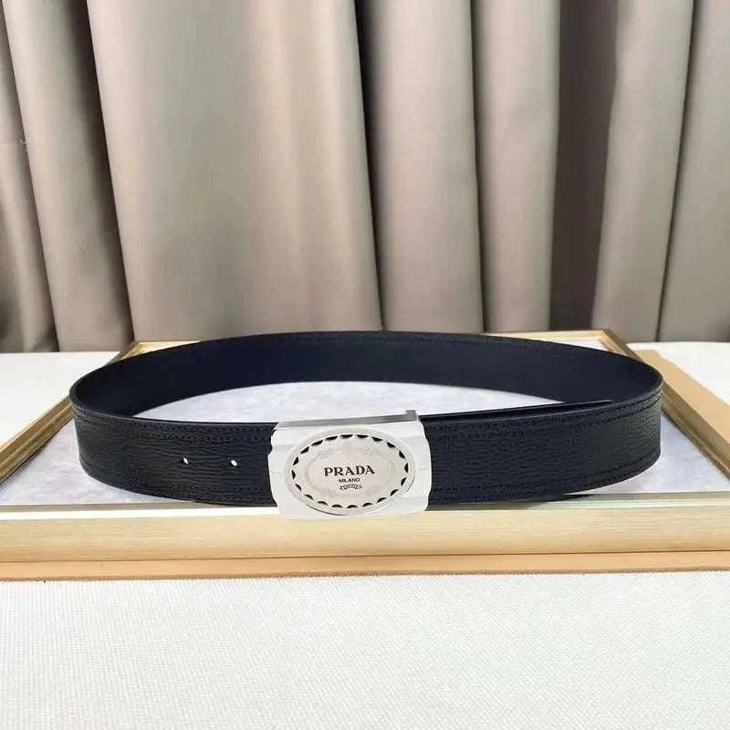 Prada Leather Belt Brushed Silver Buckle 'Black' - Maven Couture Inc