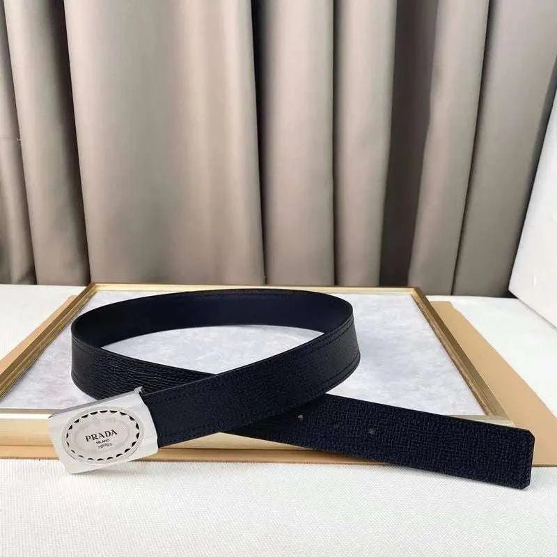 Prada Leather Belt Brushed Silver Buckle 'Black' - Maven Couture Inc