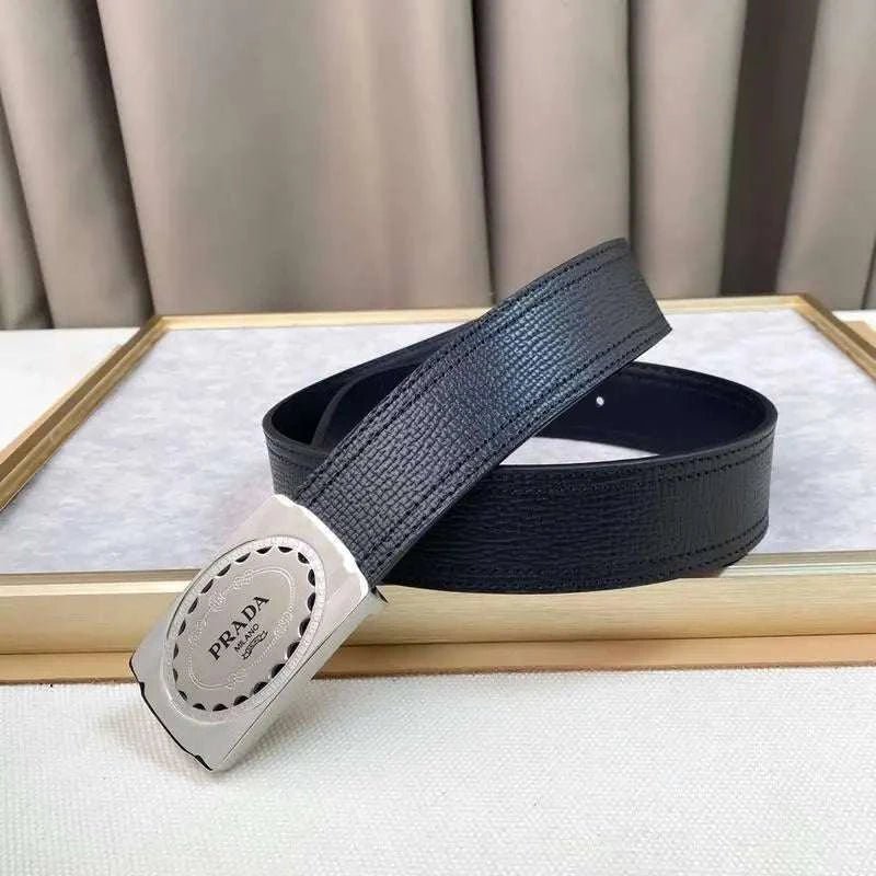 Prada Leather Belt Brushed Silver Buckle 'Black' - Maven Couture Inc