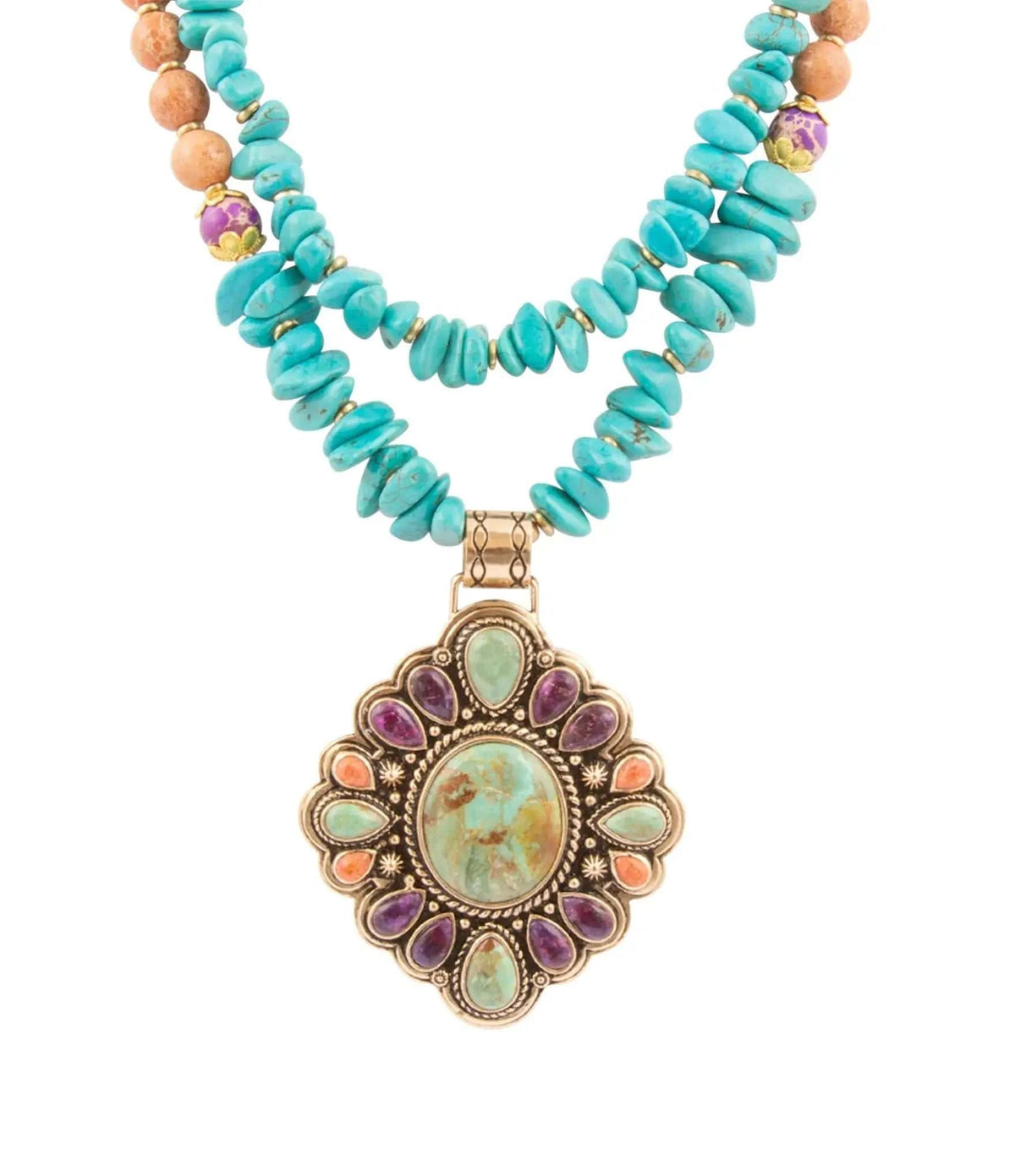 Prescott Blue Turquoise Purple and Orange Statement Pendant Golden Necklace - Maven Couture IncNecklaces