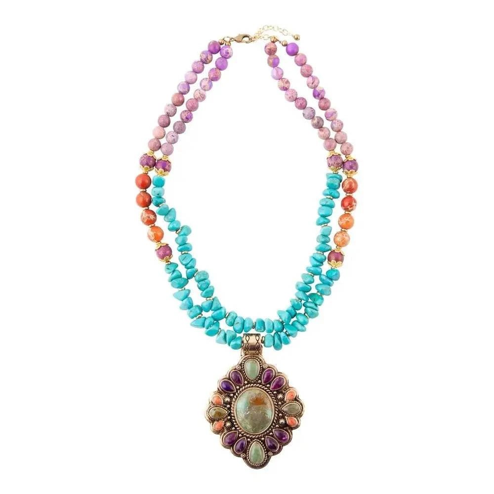 Prescott Blue Turquoise Purple and Orange Statement Pendant Golden Necklace - Maven Couture IncNecklaces
