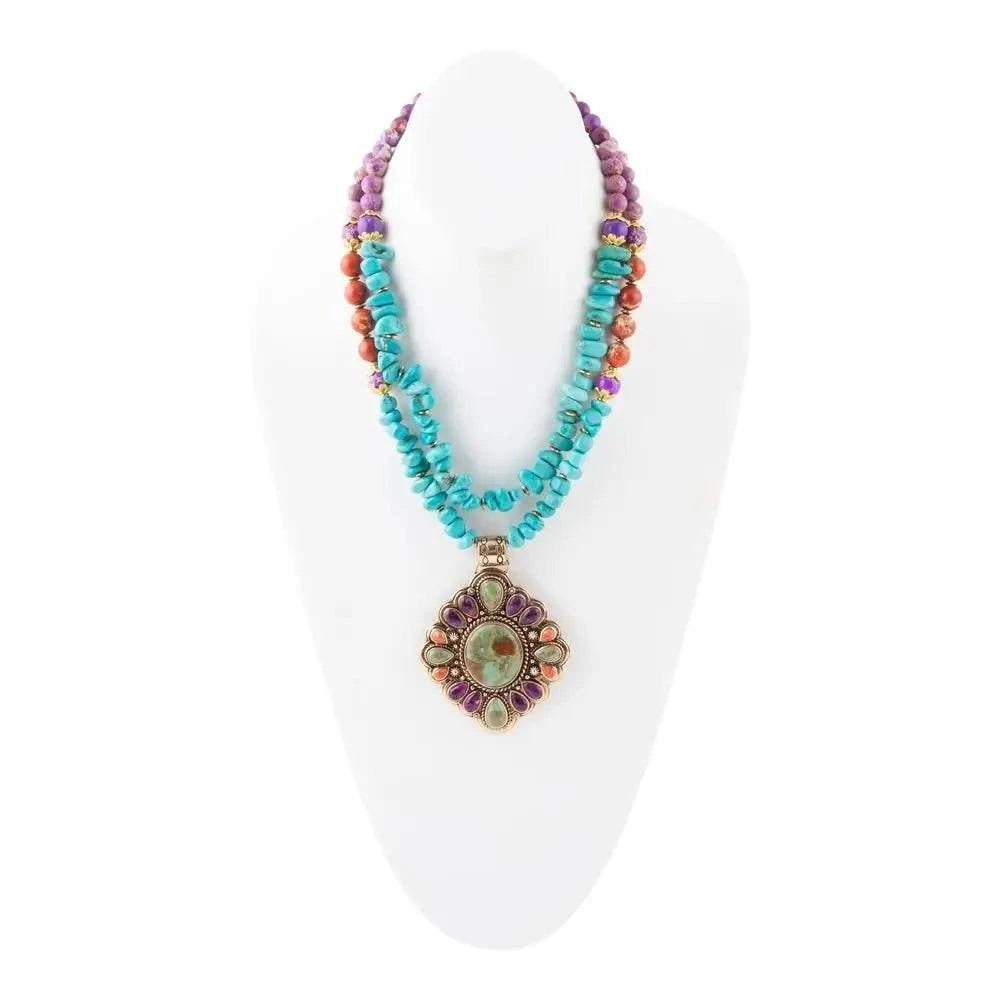 Prescott Blue Turquoise Purple and Orange Statement Pendant Golden Necklace - Maven Couture IncNecklaces