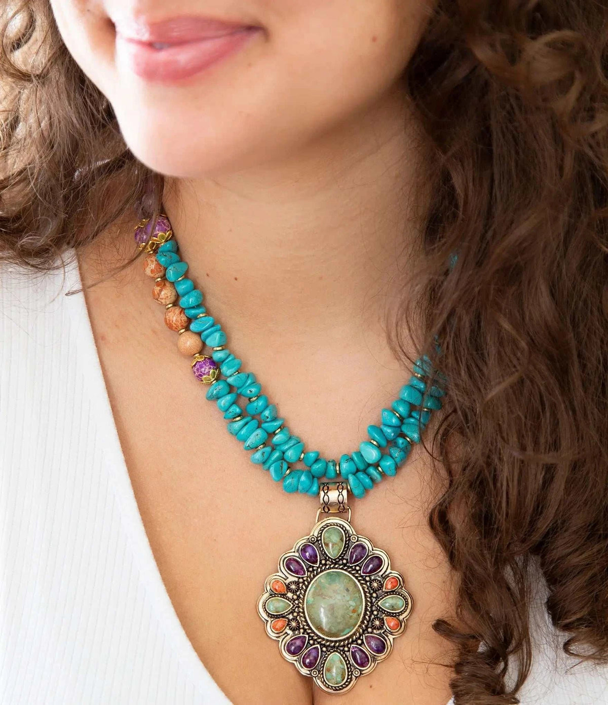 Prescott Blue Turquoise Purple and Orange Statement Pendant Golden Necklace - Maven Couture IncNecklaces