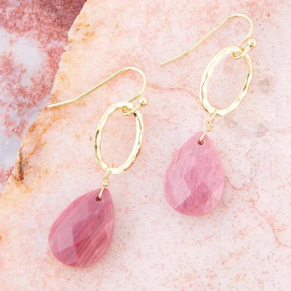 Pretty Drops of Pink Rhodonite Golden Drop Earrings - Maven Couture IncEarrings