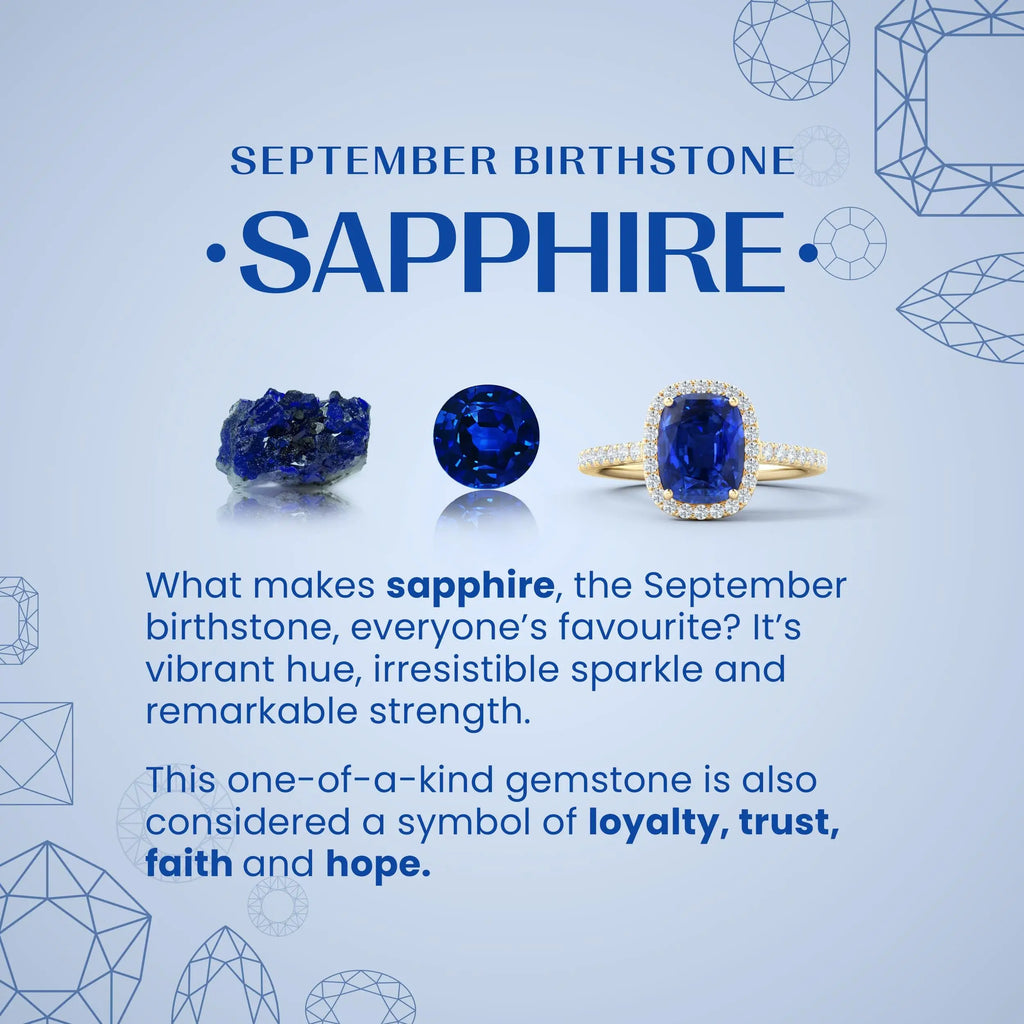 Princess Diana inspired deep blue lab-grown sapphire ring with a sparkling diamond halo set in 14K white gold symbolizing loyalty and hope