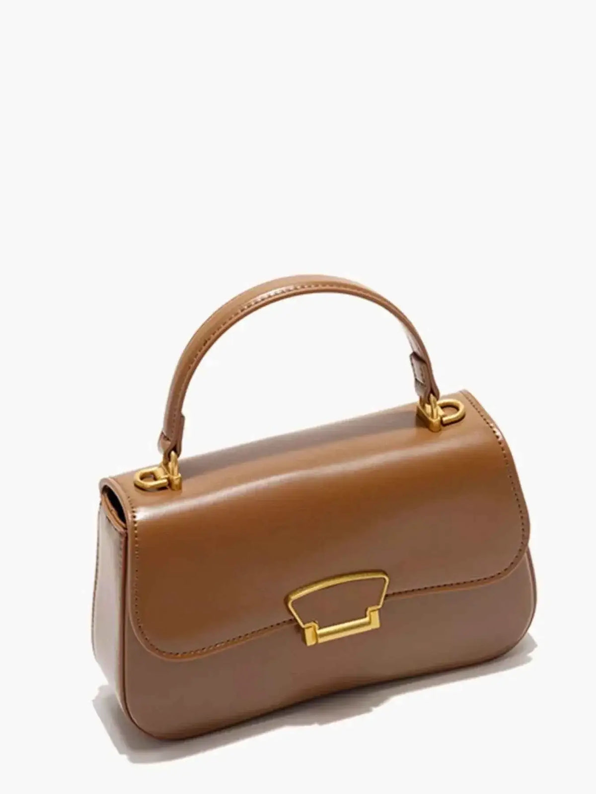 PU Leather Crossbody Bag in brown with smooth material, gold-tone clasp, and a single top handle for a sleek look.