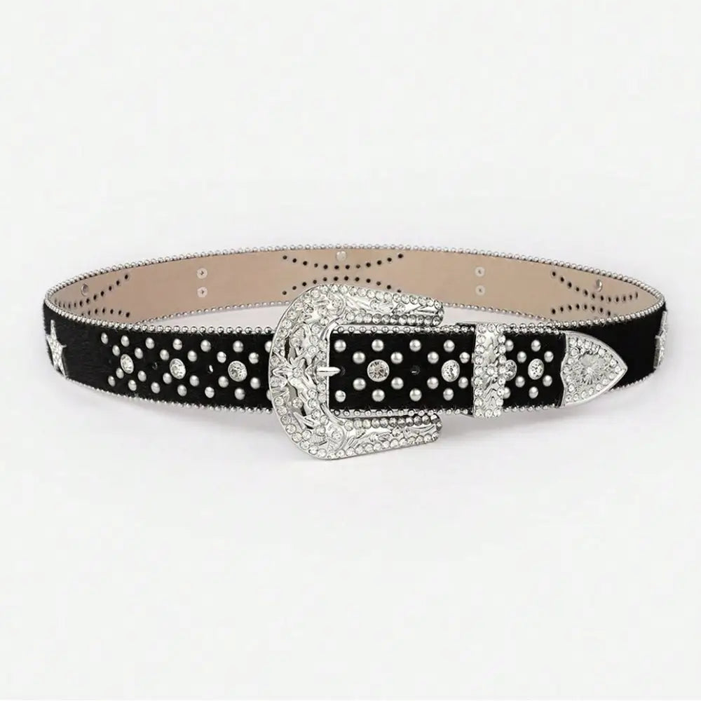 Elevate your look with our pu leather inlaid rhinestone belt $55.99 1-piece pu imported product length 37.4 in, length