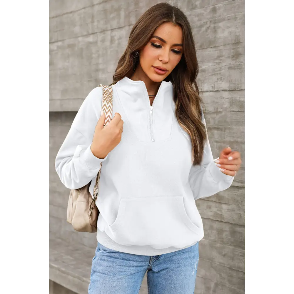 Elevate your wardrobe with the quarter zip dropped shoulder sweatshirt $45.99 pocketed, designed for the modern woman