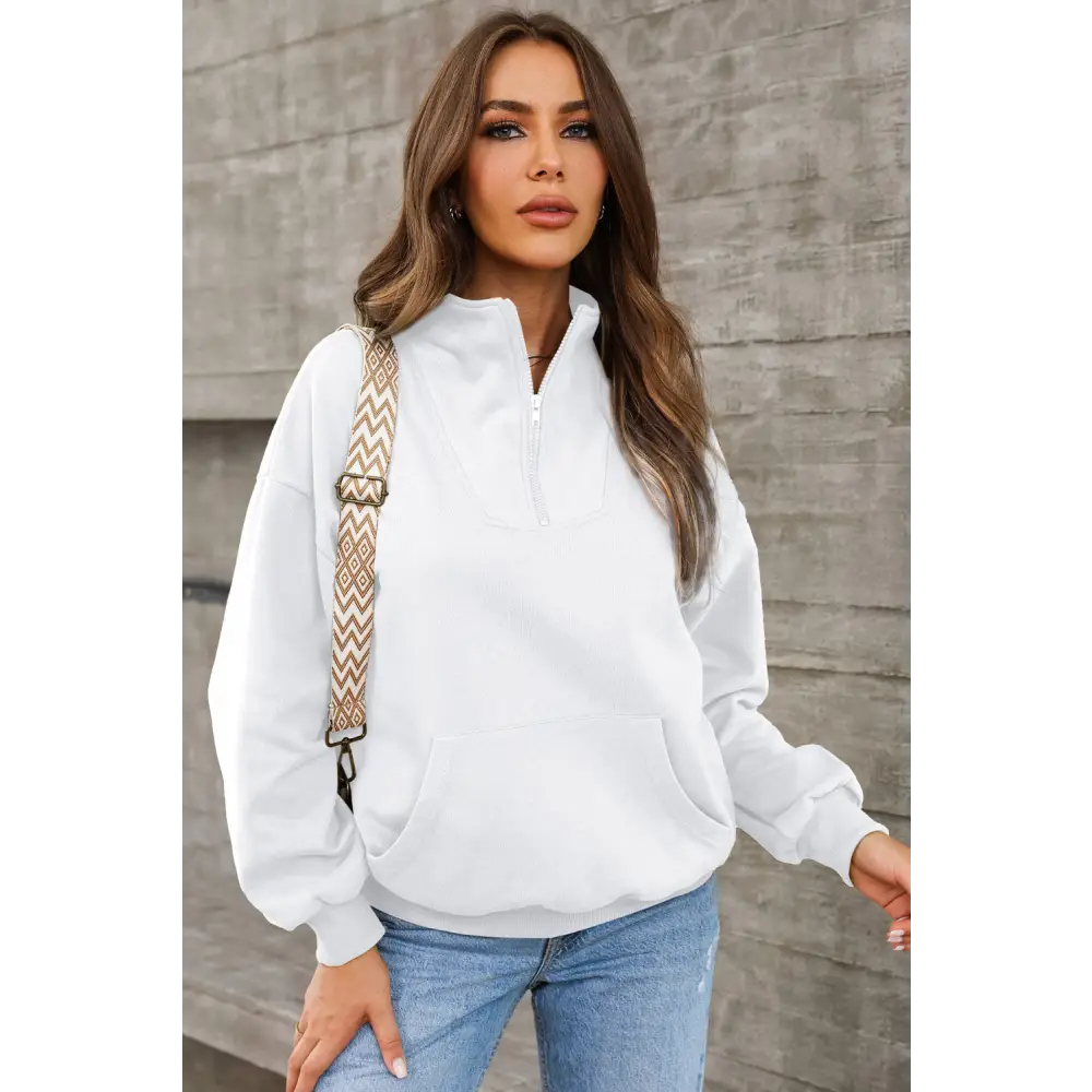 Elevate your wardrobe with the quarter zip dropped shoulder sweatshirt $44.99 pocketed, designed for the modern woman