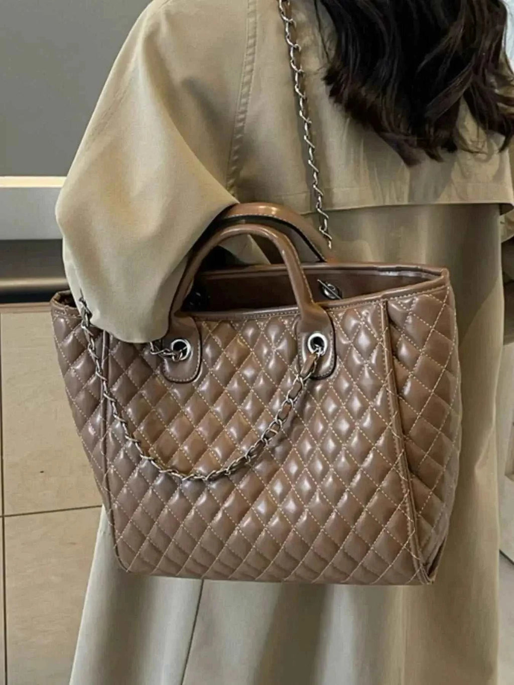 Quilted Chain Shoulder Bag in brown PU leather with diamond stitching, silver chain accents, and top handles