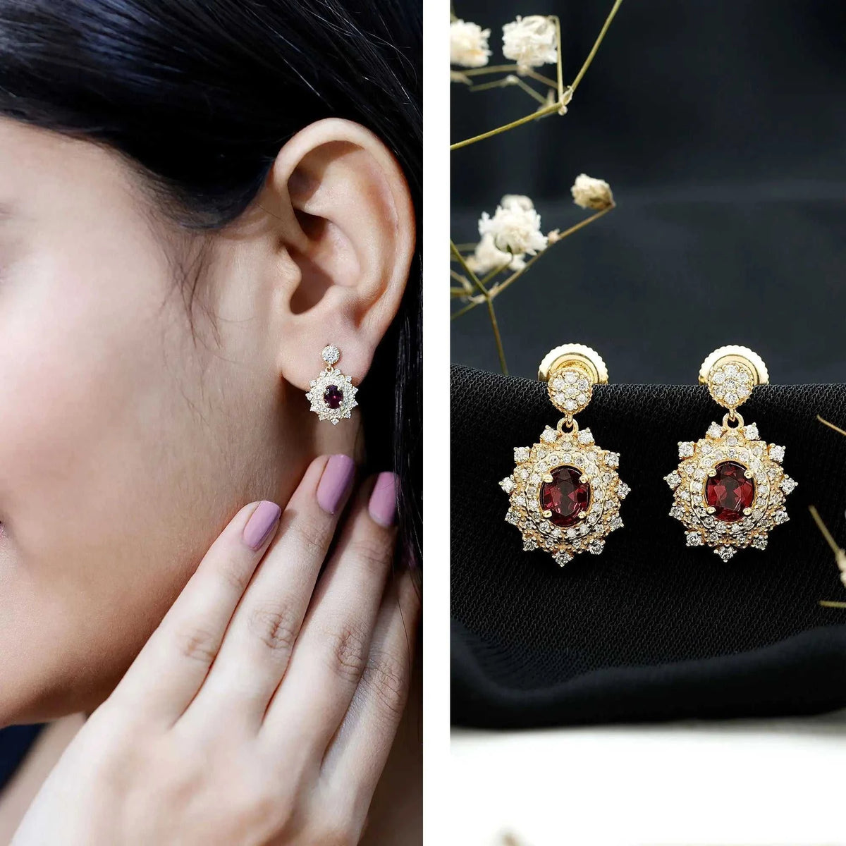 Real 0.8 Carat Rhodolite Drop Earrings with Lab Diamond for Women