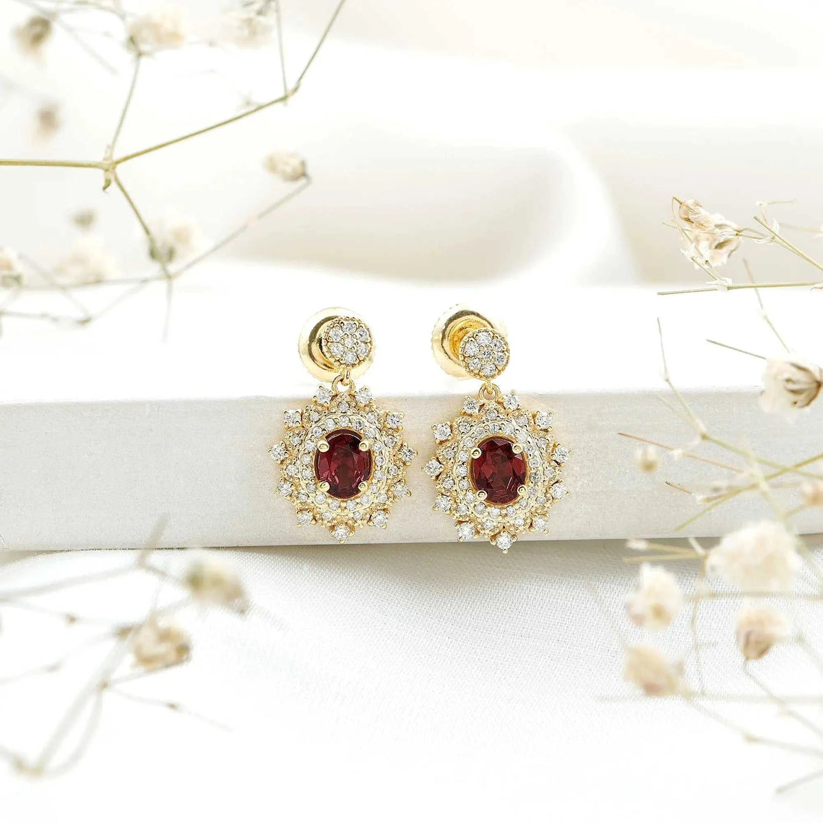 Real 0.8 Carat Rhodolite Drop Earrings with Lab Diamond for Women