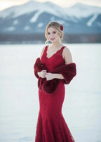Red Bridal Fur Shawl with Fleece Lining (Audrey Red05)