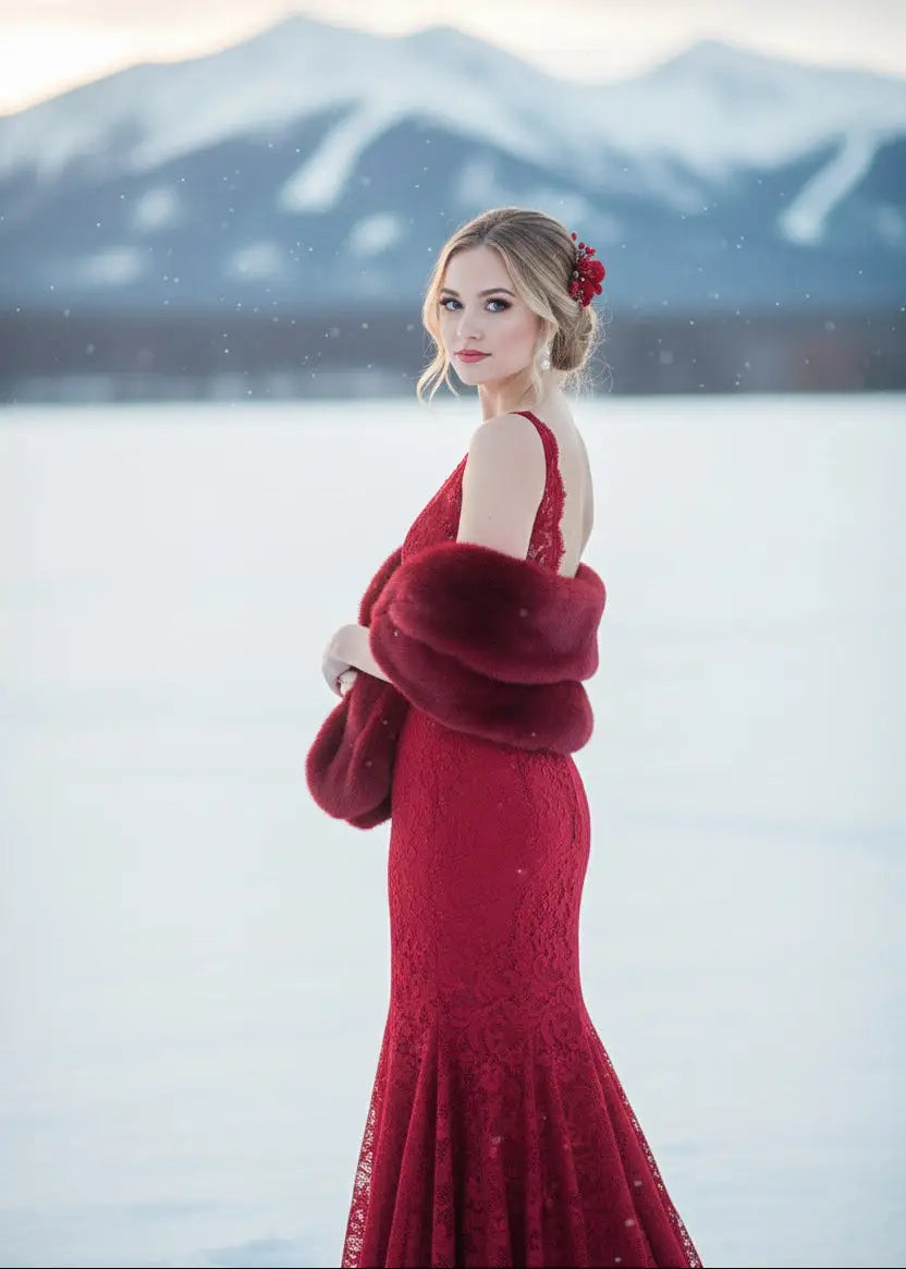 Red Bridal Fur Shawl with Fleece Lining (Audrey Red05)
