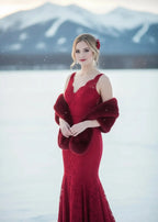 Red Bridal Fur Shawl with Fleece Lining (Audrey Red05)