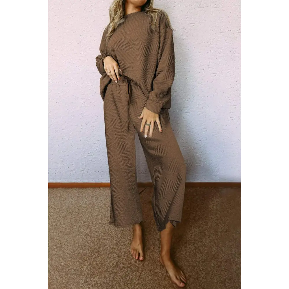 Elevate your style with luxurious gray textured two piece pants set $65.28 95% polyester + 5% elastane discover