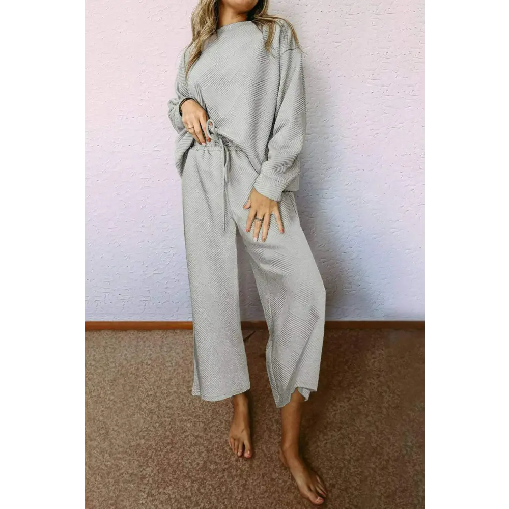 Elevate your style with luxurious gray textured two piece pants set $65.28 95% polyester + 5% elastane discover