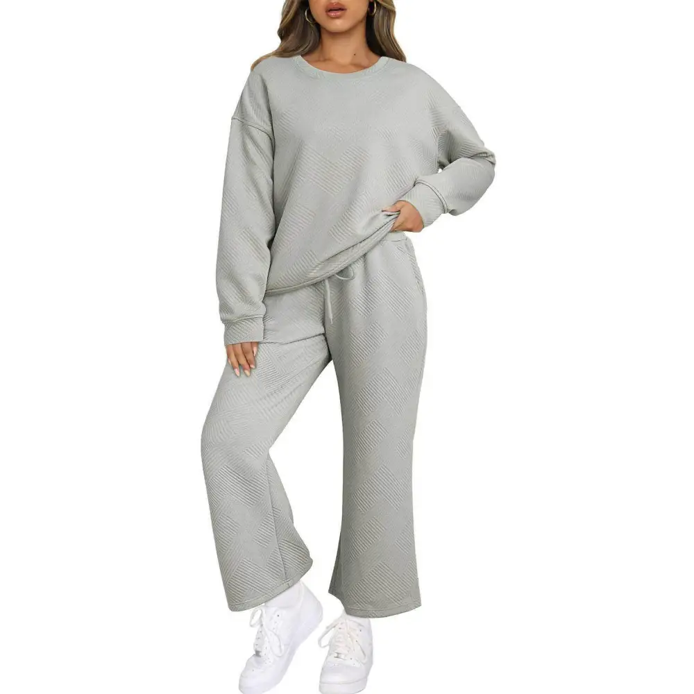 Elevate your style with luxurious gray textured two piece pants set $65.28 95% polyester + 5% elastane discover