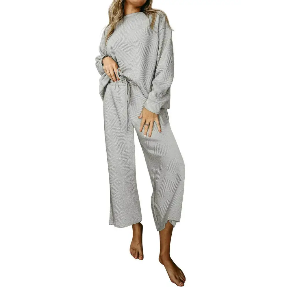 Elevate your style with luxurious gray textured two piece pants set $65.28 95% polyester + 5% elastane discover