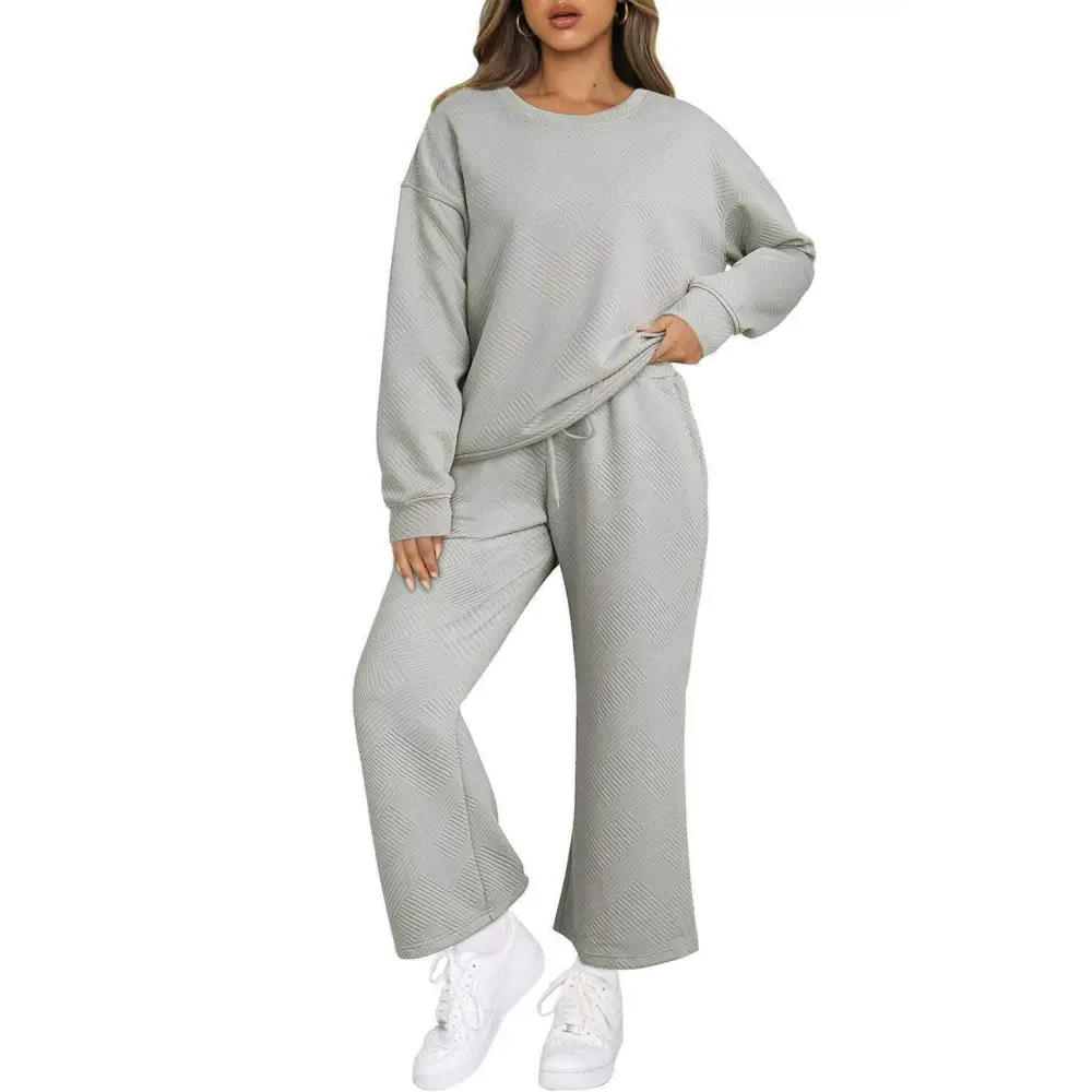 Elevate your style with luxurious gray textured two piece pants set $65.28 95% polyester + 5% elastane discover